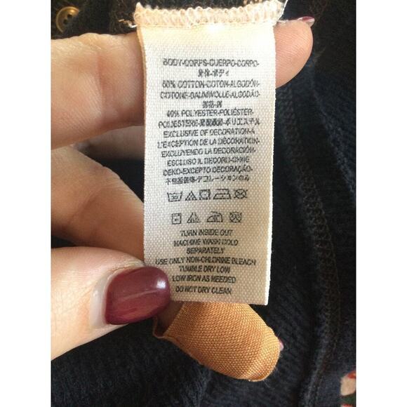 Free People Thermal Shirt Black Waffle Knit Embroidered Y2K Henley Top Size XS - Picture 12 of 13